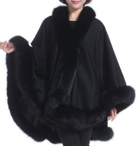 Black cashmere cape with fox - black,