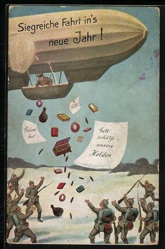 Postcard zeppelin dropping - zeppelin,
