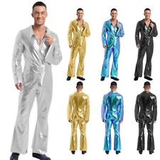 UK Men's 70s 80s Disco Dance Costume Shiny Flare Sleeve Jumpsuit Rompers Partys