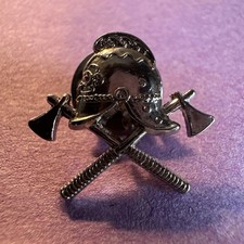Fire Service / Brigade Veteran Helmet & Crossed Axes Chrome Plated Pin Badge  