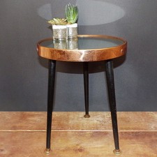 Mid Century Copper Mirrored Side Table Small Round Glass Dansette Legs Vintage