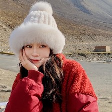 Womens Elegant Real Rabbit Fur Hat Knitted Beanie Warm Skull Cap W Fox Fur Brim