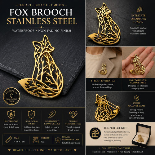 Fox brooch stainless - fox, steel