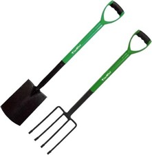 DIGGING SPADE + FORK SET STAINLESS STEEL  DRAINAGE SHOVEL GARDEN HEAVY DUTY (2PC