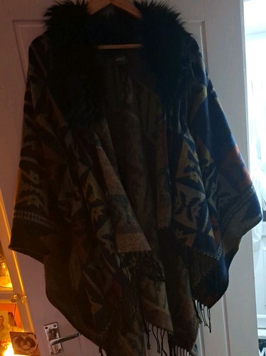 Faux fur collar poncho shawl - fur,