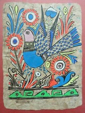 20th C South American Folk Art Gouache. Stylized Bird / Flowers. Handmade Paper