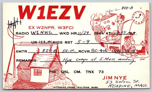 1947 w1ezv ham radio qsl - radio,