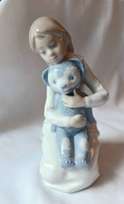 Retired NAO Lladro Spain My Teddy Bear #0145 Girl Kneeling w Blue Bear Figurine