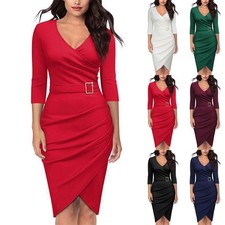 Womens V Neck Bodycon Dress Christmas Party Evening 3/4 Sleeve Midi Dresses size