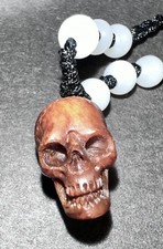 RARE TIBETAN HUMAN SKULL KAPALA BEAD NECKLACE ON BLACK ADJUSTABLE SILK CORD