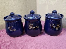 Vintage Tea Coffee Sugar Ceramic Canisters Lidded Storage Containers Set x3 Blue