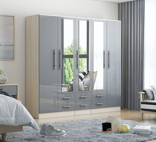 High gloss grey large wardrobe - grey,