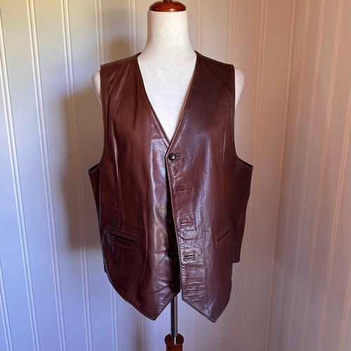 Vintage 70s brown leather vest - leather,
