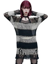 Punk Rave Shredded Grunge Distressed Knit Sweater Top Gothic Black White Stripe