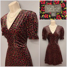TOPSHOP Black & Red Floral Classic Velvet Skater Dress UK 10 EUR 38 Petite