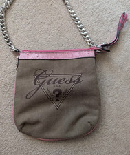 GUESS Cross Body Handbag Vintage Y2K Canvas Shoulder Bag Pink + Leopard Print 
