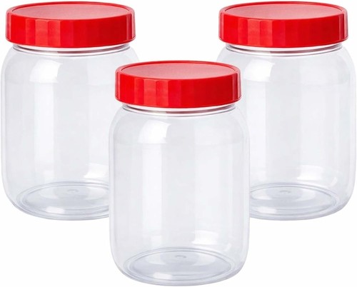 Clear plastic jars with - plastic, red