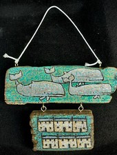 Original folk art naive painting on driftwood whales boats and houses