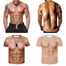 Men's Muscle 3D Digital Print T-Shirt Summer Funny Short Sleeve Fake Tattoo Tops