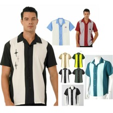 Men Bowling Shirts Cuban Style Retro Short Sleeve Camp Button Down Casual Top