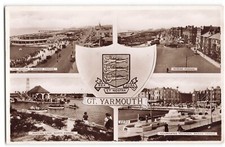 Gt. Yarmouth Multiview with crest coat of arms 1947 RPPC Postcard