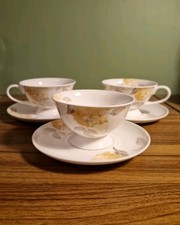 2012 Laura Ashley Hydrangea Yellow Grey Teacup & Saucer Set Of Three