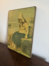 Vintage Crackle Finish Painting On Board Depicting Girl On Beach 