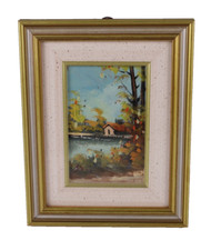 Vintage Lakeside Cottage Landscape Oil Painting Illegible Signature W/COA