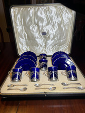 Boxed Set Of 6 Antique Silver Mounted Aynsley Coffee Cans, Saucers & Spoons.