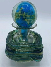 Signed Mdina Art Glass Blue Green Square Perfume Bottle With Stopper