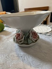 White China Fruit Bowl On Pedestal with Flower Design