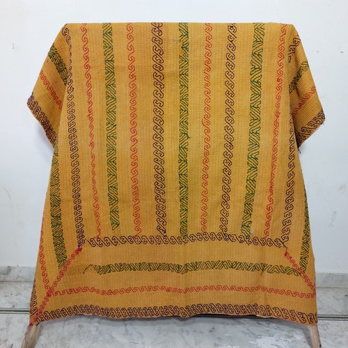 Boho kantha yellow quilt heavy - quilt,