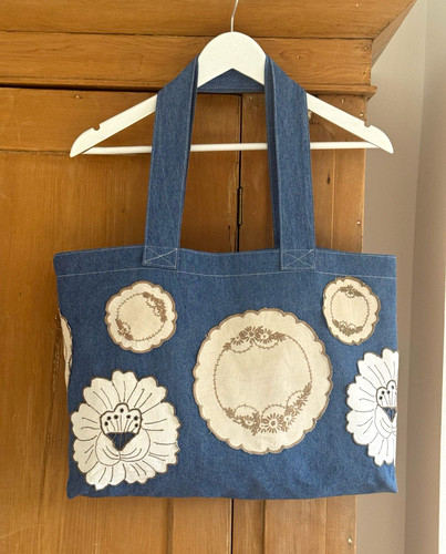 Blue denim tote bag floral - blue,