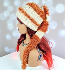 Handmade Crochet Cream and Brown Elf Hat Longtail Beanie - Boho Festival Fairy