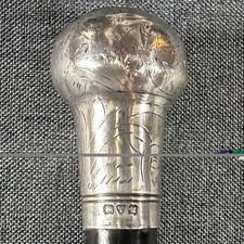 Antique Sterling Silver Topped Walking Stick Ebonised Hallmark 1920 Chester 90cm