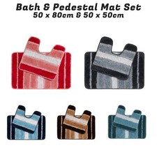 Washable Bathroom Mat 50 x 80cm & Matching Pedestal Mat 50 x 50cm Cotton Striped