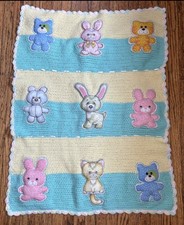 Vintage Plush Animal Applique Crochet Baby Afghan Blanket Cute Kitsch Nursery