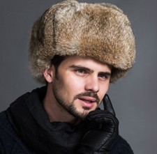 Mens Ushanka Winter Warm Faux Raccoon Fur Plush Russian Cossack Trapper Hat New