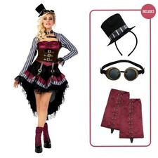 Womens Deluxe Steampunk Costume + Hat Ladies Victorian Gothic Fancy Dress S - XL
