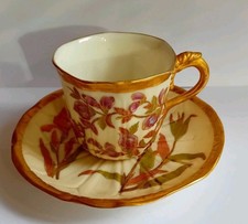 Antique Royal Worcester Blush Ivory Demitasse Cup & Saucer Botanic Design 1893