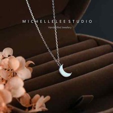 White Opal Moon Pendant Necklace in Sterling Silver, Tiny Crescent Moon Necklace