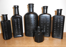 x6 OLD Antique MEDICINE & CURE Bottles -  Sprayed SATIN BLACK  Home Decor etc
