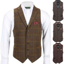 Mens Tweed Check Waistcoat Vintage Herringbone VelvetCollar Lapel Slim Fit Vest
