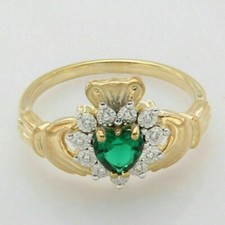 2 Ct Heart Simulated Green Diamond Irish Claddagh Ring 14k Yellow Gold Finish