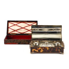 Antique Tortoiseshell and Silver Plated Writing Inkwell and Victorian Boulle Box