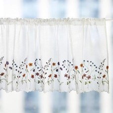 Floral Embroidery Sheer Valance Curtain White Wild Flower Window For Kitchen