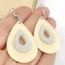 Retro Geometric Glitter Cream Perspex Teardrop Dangle Earrings Mod 60s Sixties