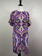 Alice & Trixie Dress L Purple Pink Vibrant 1960’s Inspired Abstract Geo Silk