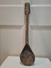 Large tribal carved wooden spoon, chip carved decoration, 21"