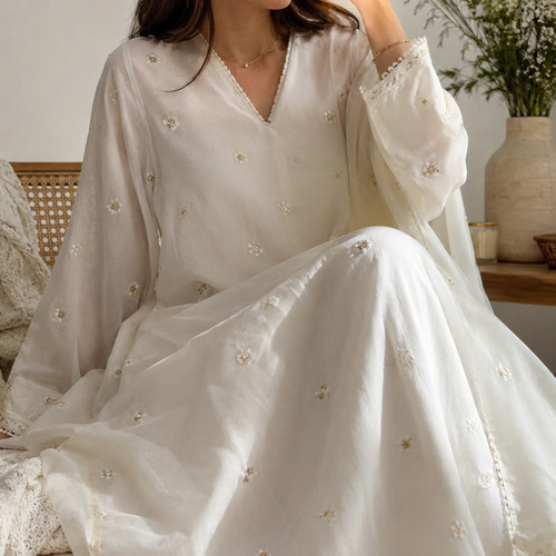 Cotton voile embroidery kaftan - cotton,